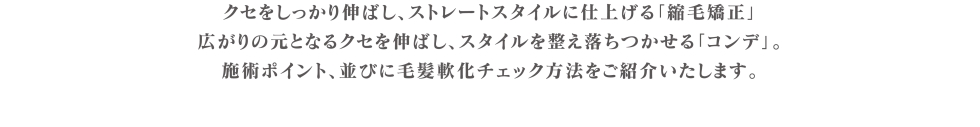 クセをしっかり伸ばし、ストレートスタイルに仕上げる「縮毛矯正」と<br>広がりの元となるクセを伸ばし、スタイルを整え落ち着かせる「コンデ」。２つのメニューのテクニックやポイント等をご紹介いたします。